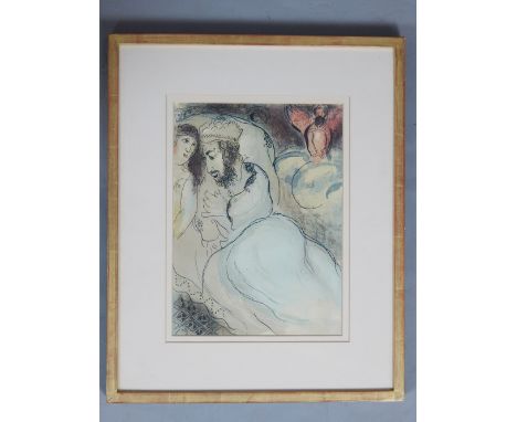 After Chagall, seated male wearing crown with female and angel, coloured lithograph, 35 x 26cm