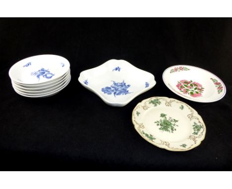 Six Royal Copenhagen shallow bowls and a square serving dish, decorated with blue flowers, with two other dishes and a cerami