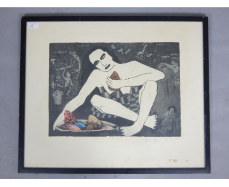 20th century European school, lithograph seated man, indistinct pencil signature, dated (19)82, 34x 47cm