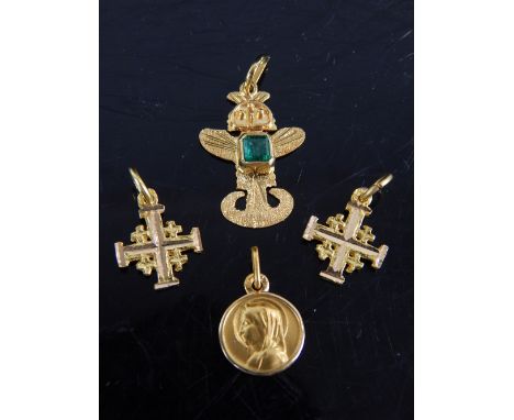 Four gold charms; two crosses, St Christopher and Mexican, Inca figure, 2.2cm h, 3.8g gross