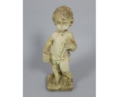 Reconstituted stone garden figure, modelled as an industrious cherub, holding a club hammer and spike, 50cm h