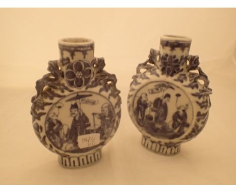 Pair of blue and white glazed Kang Chi moon flask one A/F H: 15 cm