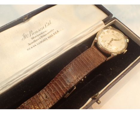 Gents mid size mechanical Bulova yellow metal wristwatch on leather strap   CONDITION REPORT:  Scratching to face, some are q