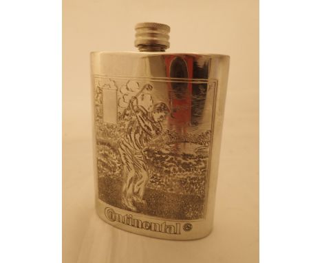 Boxed English pewter hip flask with golfing engraving