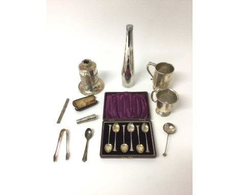 Collection of silver and silver plate, including two silver tankards, set of six silver teaspoons, silver cheroot case, silve