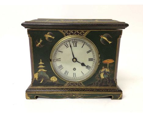 Green lacquered chinoiserie mantel clock, 23cm across x 19cm high