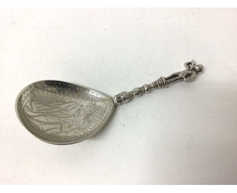 Continental silver spoon, probably Norwegian, the bowl engraved with the Virgin and child, the back with Christ on the cross 