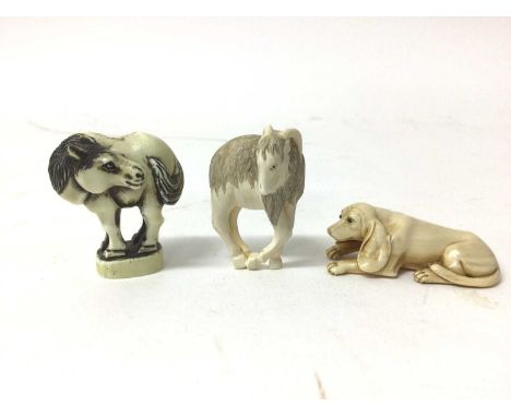 Group of three 19th century Japanese ivory netsuke - horse, goat and a dog