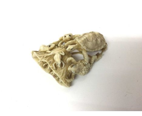 Unusual antique Japanese ivory model of a tortoise and a group of frogs, measuring 7cm long