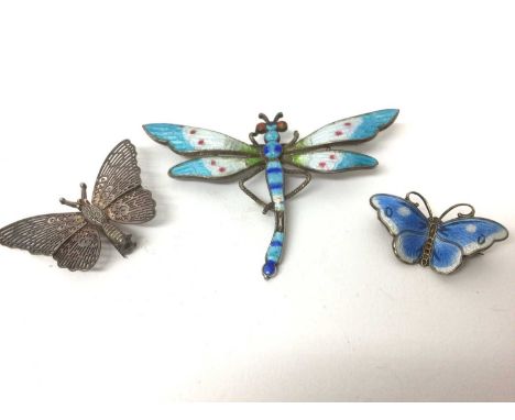 Norwegian silver and enamel butterfly brooch, two further butterfly broochesSome enamel loss to the largest brooch. Otherwise