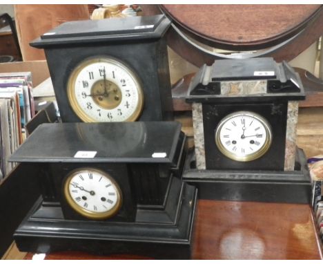 A 19th century slate cased mantel clock and two others similar (3 pendulums and 2 keys in office)