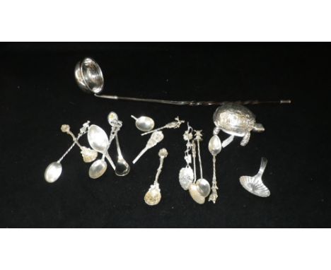A collection of mixed silver and metalware, including a bright-cut shell bowl George III caddy spoon and a whalebone twist to