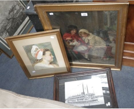 A watercolour portrait of a woman, a Pears print and a print of a showboat