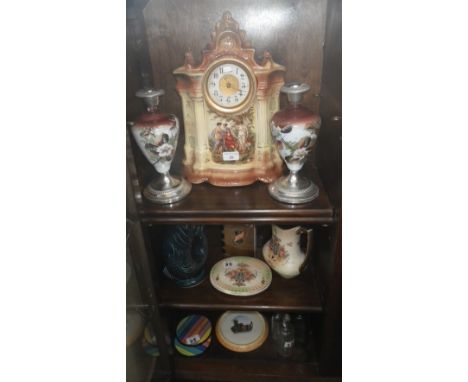 An Edwardian ceramic cased mantel clock and similar items