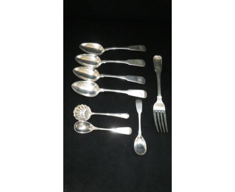 A set of four George III Edinburgh silver dessert spoons, with engraved initial 'K' and a collection of other silver flatware