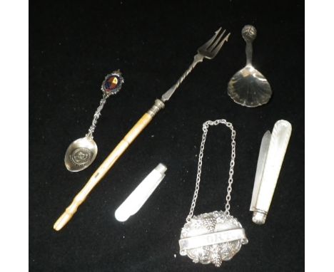 A modern Birmingham silver Port label with grape and vine decoration and other silverwares including a caddy spoon