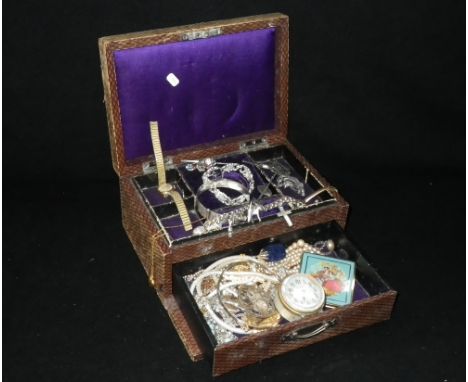 A jewellery box, containing mixed costume jewellery including a silver engine-turned bangle, a charm bracelet and stick-pin