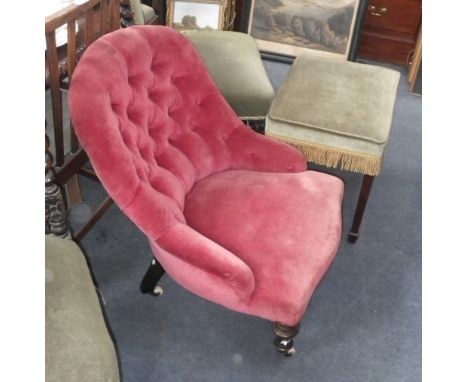 A Victorian button-back bedroom chair upholstered in pink velvet and a dressing stool with green velvet seat 