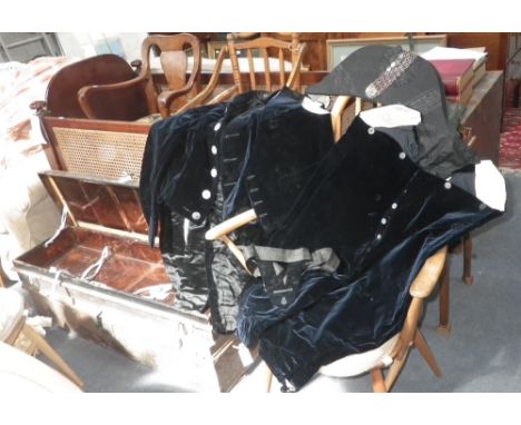 A 19th century dark blue velvet Naval tailcoat, waistcoat and breeches and hat contained in the original tin trunk, a similar