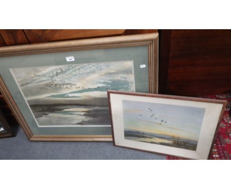 After Peter Scott, a print of geese in flight and another similar