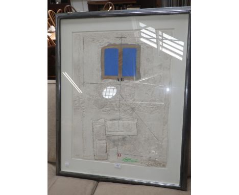 James Coignard, (French,1925-2008):  An abstract composition print and multi-media, no. 88/95 and signed and in a silver-leaf