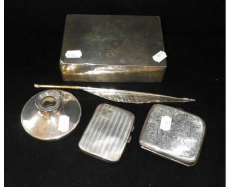A hallmarked silver pen, modelled as a feather quill, with gilt tip and a collection of other silverware including engine-tur