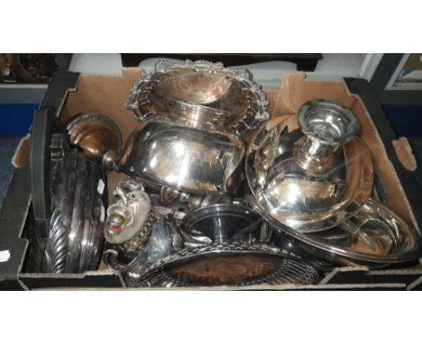 An early 19th century Old Sheffield plated candlestick, silver plated salver, tureens and other silver plated ware