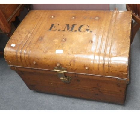 A Victorian grained tin cabin trunk with the initials 'E.M.G' 