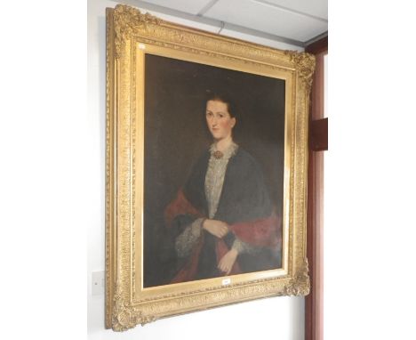 A large 19th century portrait of a woman, oil on canvas, in a gilt frame 