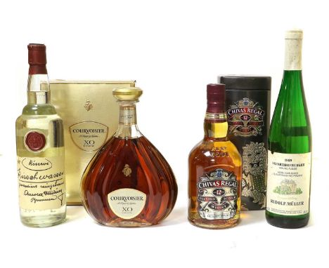 Courvoisier XO Cognac (one bottle), Chivas Regal 12 Year Old Blended Scotch Whisky (one bottle), 1989 Auslese (one bottle), K