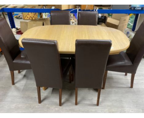 Light oak effect extending dining table &amp; 6 matching leatherette chairs