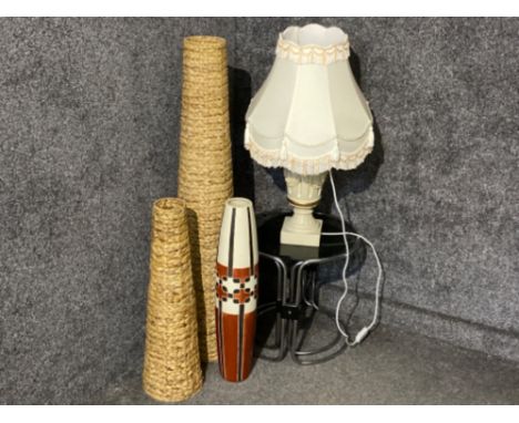 2 wicker vases, pottery floor vase, also includes table lamp with shade &amp; glass topped nest of two tables