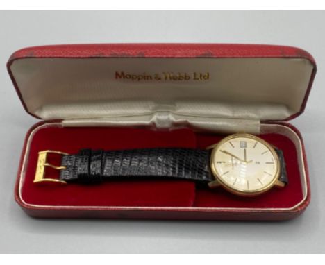 9ct gold gents Quartz wristwatch by Mappin &amp; Webb in original box, (British rail presentation 1983) fully working