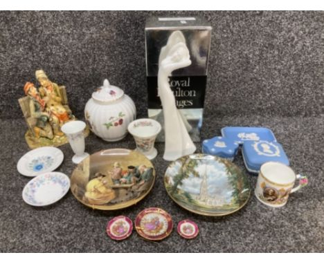 Royal Doulton Images “Yearning” figure (boxed), Wedgwood jasperware, Royal Worcester “Arden” pattern lidded jar etc
