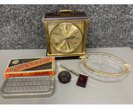 A Metamec onyx mantle clock, Rolls Razor and an ashtray