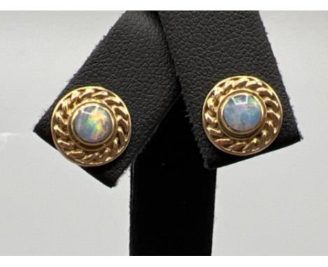 Ladies 9ct gold opal stud earrings set in fancy rope edge. 3G