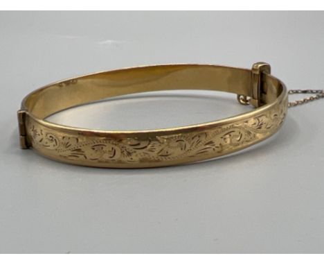 9ct gold metal core engraved bangle with safety chain