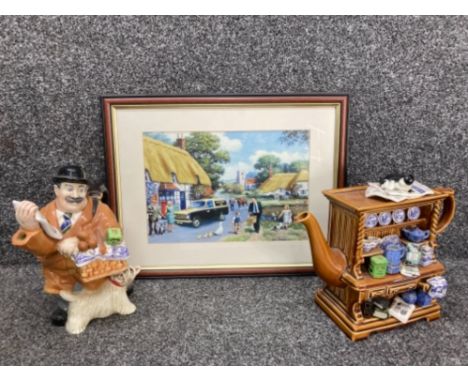 Two novelty Ringtons teapots and a colour print