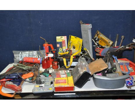 A COLLECTION OF TOOLS INCLUDING STILSONS, adjustable spanners, plumbers blowtorches, saws, wheel braces, bolts, multimeters, 