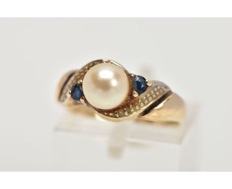 A 9CT GOLD CULTURED PEARL AND SAPPHIRE DRESS RING, set with a single cultured pearl, cross over style shoulders set with circ