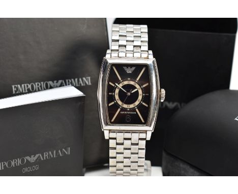 A GENTS EMPORIO ARMANI WRISTWATCH, rounded rectangular black dial, Emporio Armani emblem at the twelve o'clock position, bato