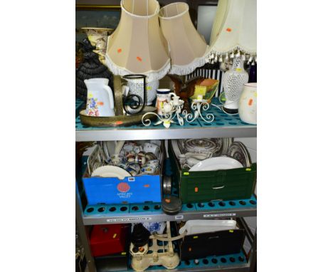 FIVE BOXES AND LOOSE CERAMICS, TABLE LAMPS, SCALES, TWO METAL CASH BOXES, etc, including a late 19th Century Japanese pottery