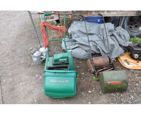 A QUALCAST CLASSIC ELECTRIC 30 CYLINDER LAWN MOWER with grass box (PAT pass and working) and a vintage Webb manual lawn mower