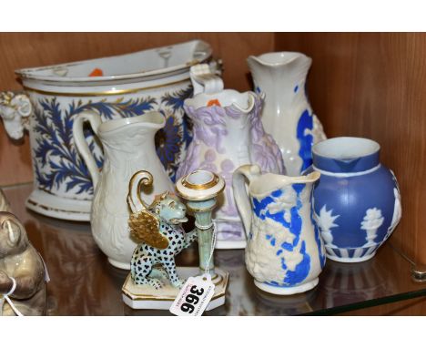 A SMALL GROUP OF 19TH CENTURY CERAMICS, comprising an early 19th Century British porcelain candlestick with griffin support, 