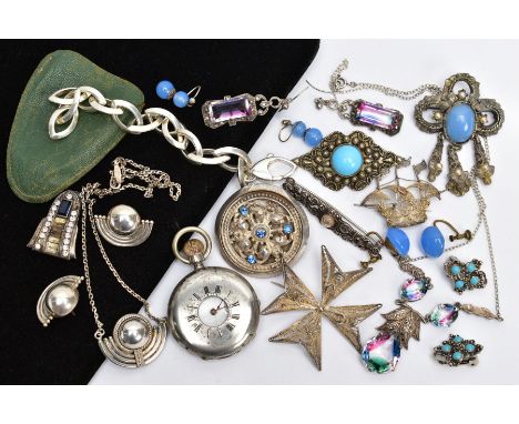 A SELECTION OF WHITE METAL JEWELLERY AND A POCKET WATCH, to include a pair of white metal ball stud earrings with a matching 