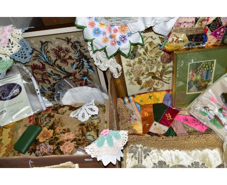 A QUANTITY OF ANTIQUE EMBROIDERED ITEMS to include a framed floral beadwork, crewel work rug, crazy quilt runner and tea cosy