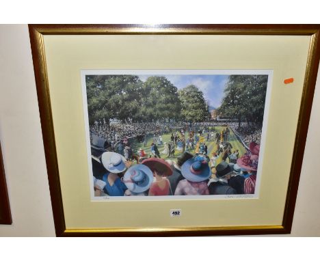 SHERREE VALENTINE DAINES (BRITISH 1959) 'LADIES DAY, ROYAL ASCOT' a limited edition print of the parade Ring 43/850, signed t