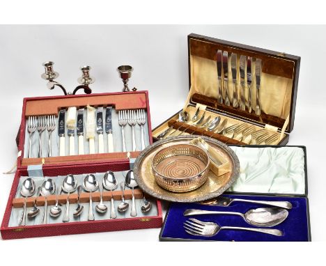 A BOX OF ASSORTED WHITE METAL WARE, to include a boxed three piece 'Walker &amp; Hall' serving set comprising pie server, ser