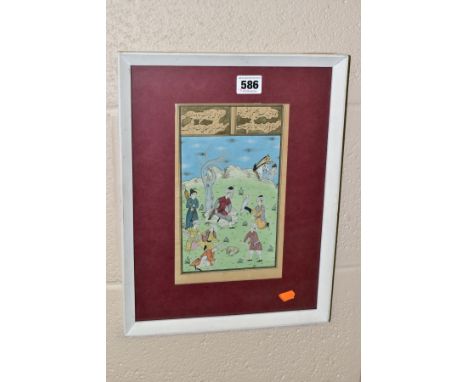 A 20TH CENTURY PERSIAN WATERCOLOUR, depicting a hunting scene, two panels of Persian text above, approximate size 23cm x 14cm