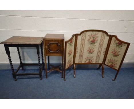 A GEORGIAN MAHOGANY FOLDING FIRESCREEN, along with a Georgian pot cupboard and an oak barley twist occasional table (3)